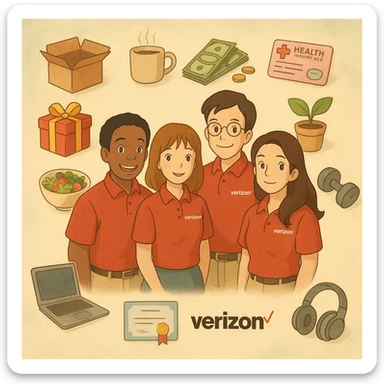 ghibli style friendly Verizon employees surrounded by perk items, soft colors sticker