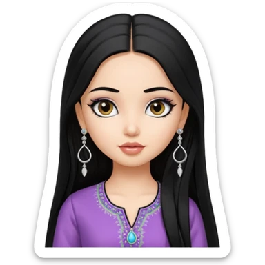 generate a pretty bratz girl wearing a kurti, eyeliner on, long straight hair, silver jhumkas in ear sticker