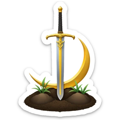Minimalist emoji of a single upright sword planted into the ground with a glowing crescent rising behind it, representing inner discipline, Islamic strength, and the start of a new chapter. Flat icon style, transparent background sticker
