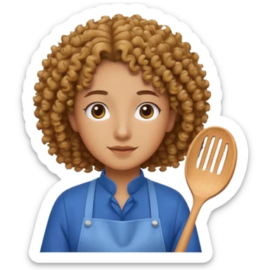 person with curly hair in blue apron sticker