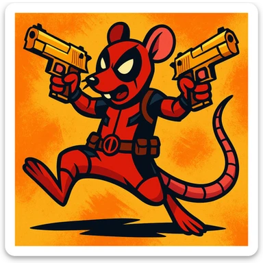 A rat dressed as Deadpool, holding two golden Desert Eagle pistols, dynamic pose, comic book style, vibrant colors sticker
