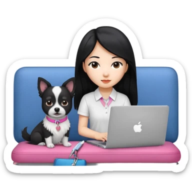 Blue back ground, Asian girl with long black hair working on an Apple laptop, next to her is a small black and white dog with pink collar on  sticker