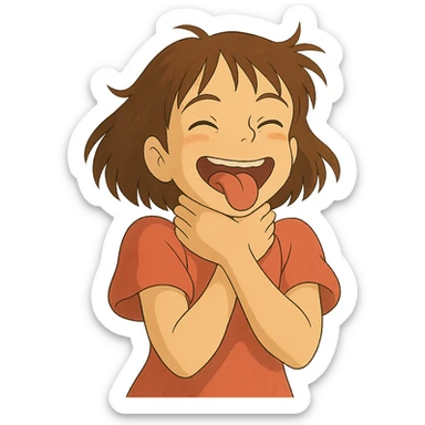 ghibli style girl with her hands wrapped around her own neck, laughing, tongue out sticker