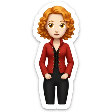 Pale girl with wavy ginger hair meditating with red corset, black pants, black shoes, long red jacket sticker