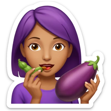 A women eating an eggplant sticker