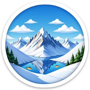 a snowy mountain landscape with towering peaks and a clear sky, fish eye lens effect sticker