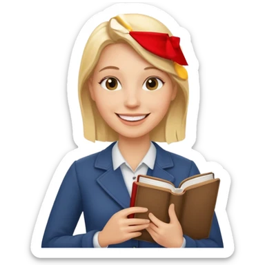 fun blonde history teacher, smiling, holding a book sticker