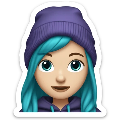 White girl, blue eyes, long teal hair, purple beanie hat, black hoodie, blue jeans, black shoes sticker