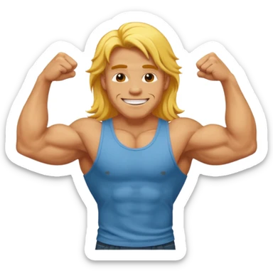 muscled happy guy flexing, long yellow hair sticker