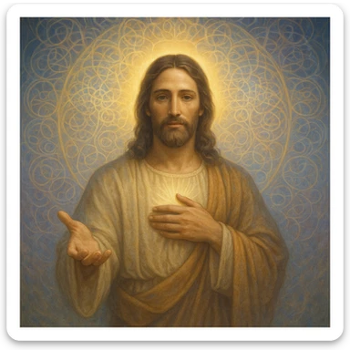 Christ Guardian of Mind, compassionate protector with glowing aura, one hand over heart and other extended outward, ethereal patterns representing thought and clarity, peaceful spiritual style sticker