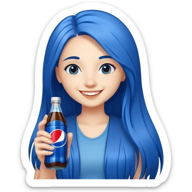 smiling girl long blue hair with bottle of pepsi sticker