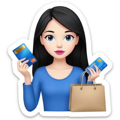 Girl with long black hair, pink lipstick, brown eyes holding shopping bags and blue credit card sticker