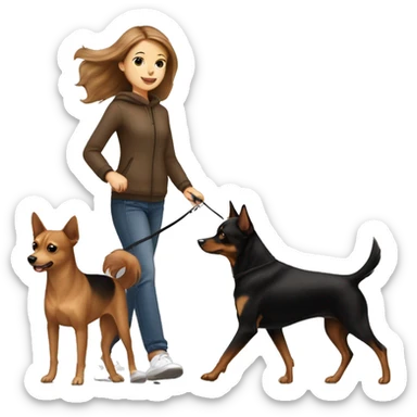 A light brown haired girl, walking one small black and tan miniature Pinscher and one big light brown Spitz on the lead sticker