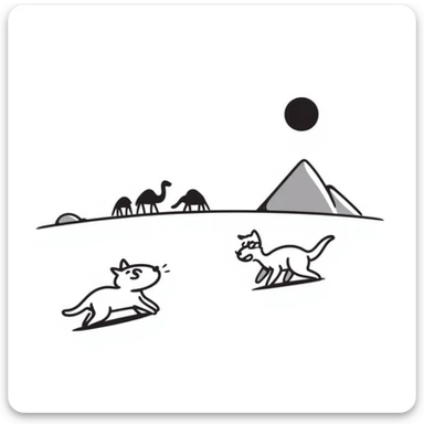 A white cat chasing a T-Rex in the desert with a herd of camels staring at them sticker