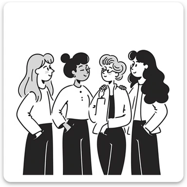group of four 25-year-old female friends up to waist, drawing style, no bangs, all with middle part hair. From right to left: blonde straight hair with cheeks, slim brunette, blonde wavy hair, slim brunette with very long hair. All wearing casual clothes, neutral background, friendly atmosphere. sticker