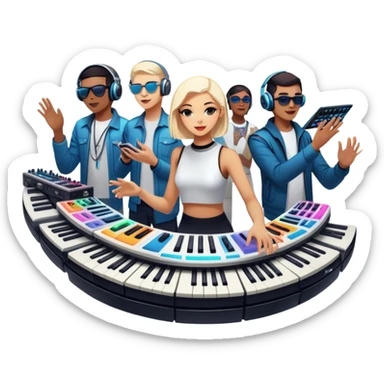 Icon for Electronic Music: Jean-Michel Jarre, Moby, DJ Tiesto, and Jorn van Deynhoven performing with synthesizers, turntables, and futuristic lighting effects. The design should evoke the vibrant and immersive atmosphere of electronic music festivals. Transparent background. sticker