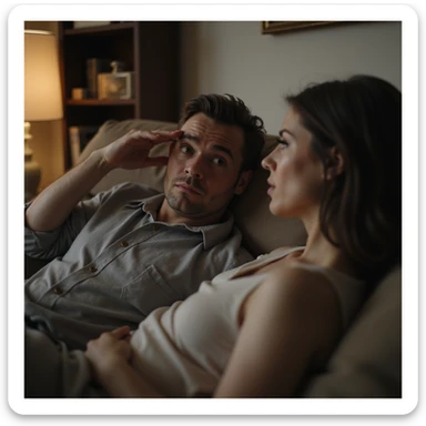 Man lying on the couch, looking insistently at a woman in the room, imploring and theatrical expression, hand on forehead, waiting for her attention, domestic environment, hyperrealistic 4K details sticker