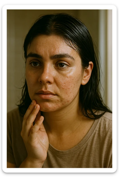 A highly realistic, cinematic close-up portrait of a young woman in her late 20s with medium skin tone, showing visible oily skin and enlarged pores on her cheeks, nose, and forehead. Her skin has a noticeable shiny appearance due to excessive sebum production, and small acne spots are visible along her jawline and chin, indicating hormonal imbalance. Her dark hair appears greasy, clumping in some areas near her scalp, emphasizing unwashed, oily hair due to overactive sebaceous glands caused by PCOS. The woman looks at herself in the mirror with a tired yet hopeful expression, gently touching her cheek with her fingertips as she observes her skin condition. The setting is a softly lit bathroom with natural daylight, and the reflection shows the detail of her skin texture and greasy hair strands. Style: 35mm hyperrealistic film, warm neutral tones with soft depth of field, focusing on the oily skin texture, visible pores, and greasy hair to clearly illustrate the visual symptoms of PCOS. in italiano sticker