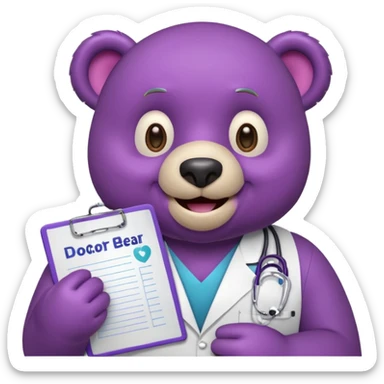 happy purple bear holding a doctor's chart sticker