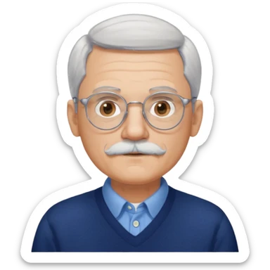 Style anchor + Senior male American, light skin, gray hair, silver round glasses, neat white mustache, navy sweater over blue collared shirt, calm. sticker