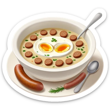 cinematic-realistic zurek-soup-dish-emoji,-depicted-as-a-tangy,-creamy-rye-soup-with-sausage-and-1 boiled egg-rendered-with-detailed-textures-and-warm,-comforting-lighting. sticker