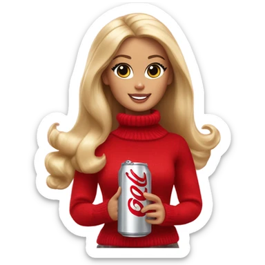 Blonde Barbie wearing red turtleneck sweater and holding a Diet Coke  sticker