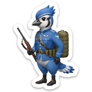 A bluejay bombadier, grenadier, military uniform, bandolier of grenades, bombs, side profile, feet included  sticker