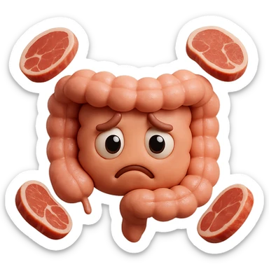 emoji stile iphone in 3d di un intestino triste con fette di carne che gli fluttuano intorno, gli occhi falli con la parte bianca pure, iperrealistico 4k sticker