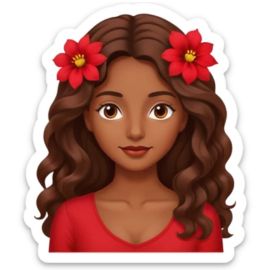 Tanned brown eyed women with long wavy hair red flower background red top sticker