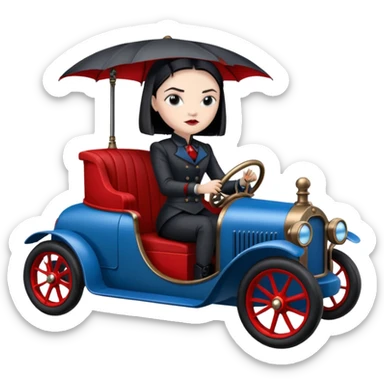 Jedi bounty hunter Wednesday Addams racing sitting in a modern blue,red and pewter steampunk electric luxury sticker