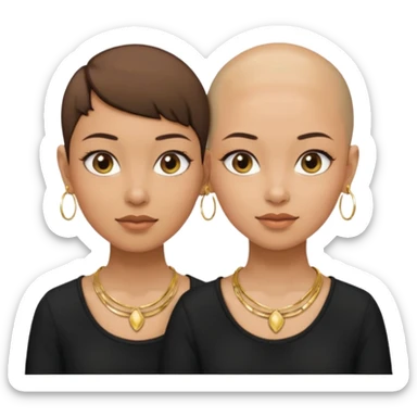 Twin sisters olive skin tone one with bald head and one with pixie brown hair cut wearing gold hoop earrings and gold necklace and black shirts sticker