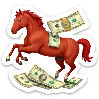 red horse agressive jumping across money bill sticker