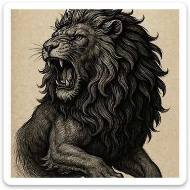 detailed illustrative style black lion head with half of its body, roaring sticker