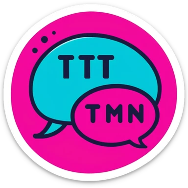 Minimalist sticker with white 'tt' letters on a black circle with cyan, magenta, and yellow dots below, speech bubble with street style influence sticker