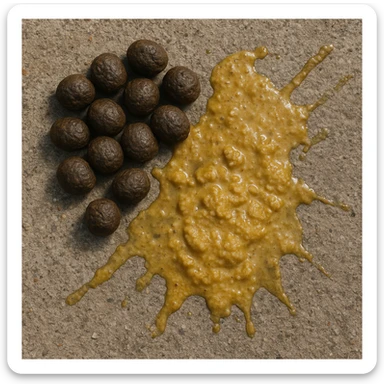 feci di animale a palline viste dall'alto e feci di animale liquide e gialline viste dall'alto, iperrealistico 4k sticker