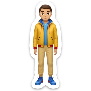 un hombre con: una chaqueta amarilla, pantalones rojos y zapatos azules. sticker