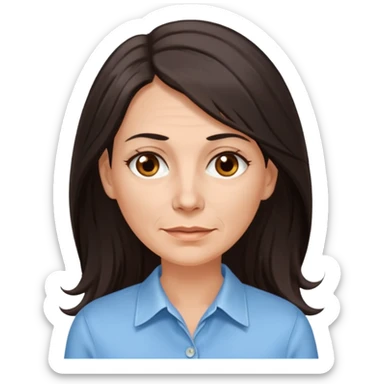 vit 50-årig kvinna med jättelångt mörkbrunt hår med vita slingor bruna ögon ljusblå skjorta med översta knappen uppknäppt sticker