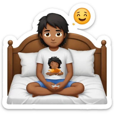 generate a pretty bratz brown skinned boy with black messy long hair wearing a white tshirt sitting in his in bed. Looking sleepy sticker
