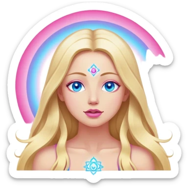 Cinematic realistic blonde with long hair, blue eyes, pink lips meditates, her chakras glow sticker