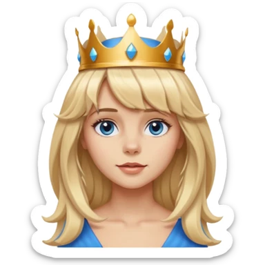 simple Blonde girl with bangs, long seductive hair and blue eyes, and a simple crown. giving cockerspaniel energy head only sticker