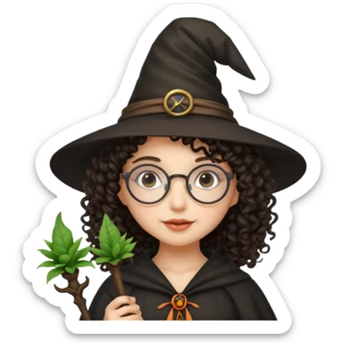 A dark curly haired girl with a witch hat, round glasses, and a plant wand sticker