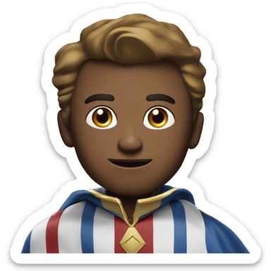 Emoji of Homelander from ‘The Boys’ series. USA flag-inspired costume with cape (red, blue, white). Confident, slightly menacing expression. sticker