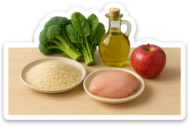 Riso basmati
Petto di pollo
Verdura fibrosa verde
Olio EVO
Mela
poggiati sul tavolo sticker