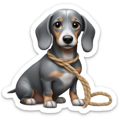 Small grey wiener dog with a rope sticker