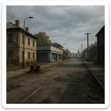 a view of the city street in a videogame: DayZ - in the town of berezino [no text contained in the image] sticker