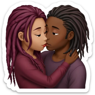 Dark Wine colored hair asian long hair, kissing young black guy with dreads sticker