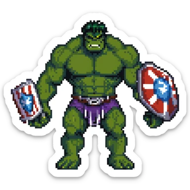 Joe Fixit gray Hulk, Gladiator Hulk with helmet, and Banner-Hulk merged form in 8-bit arcade style sticker