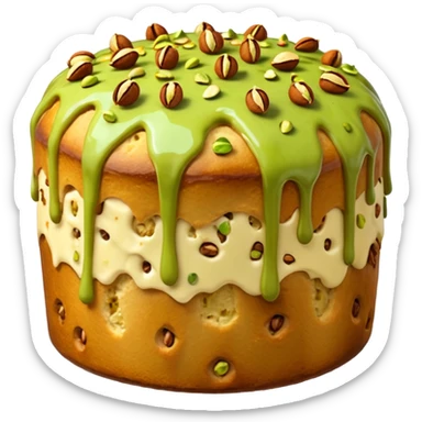 panettone con glassa al pistacchio che scende lungo i bordi e pistacchi come decorazione sticker