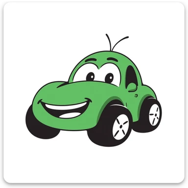A hand-drawn green toy car with a silly grinning face and googly eyes sticker
