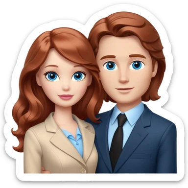 Barbie girl  , eyes blue , Chestnut red long wavy hair In pale beige clothes, Hugs a man with brown hair short haircut, brown eyes , and a black suit sticker